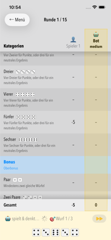 Punktetabelle in DiceLab+ — dunkler Modus