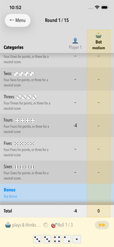 Scoring table in DiceLab+ — light mode
