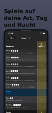 Punktetabelle in DiceLab+ — dunkler Modus, Würfeln-Button