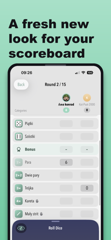 Modern card-style scoring table in DiceLab+