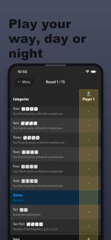 Scoring table in DiceLab+ — dark mode
