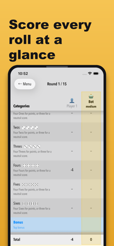 Scoring table in DiceLab+ — light mode