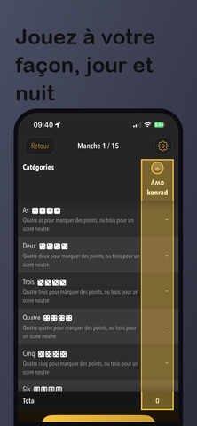 Tableau des scores dans DiceLab+ — mode sombre