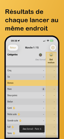 Tableau des scores dans DiceLab+ — un bot joue