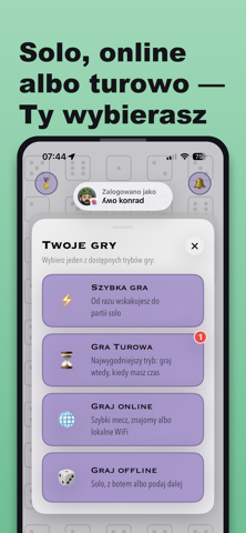 Ekran „Nowa gra” w Kości+ — wybór trybu gry